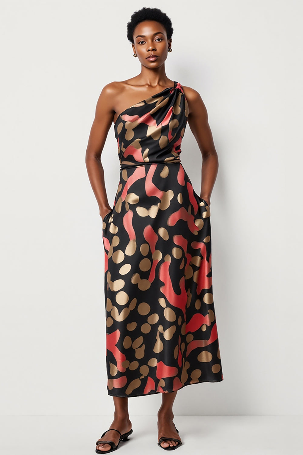Black Printed One Shoulder A Line Maxi Work Dress with Pockets