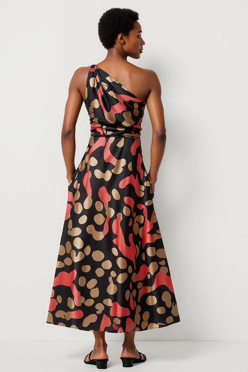 Load image into Gallery viewer, Black Printed One Shoulder A Line Maxi Work Dress with Pockets