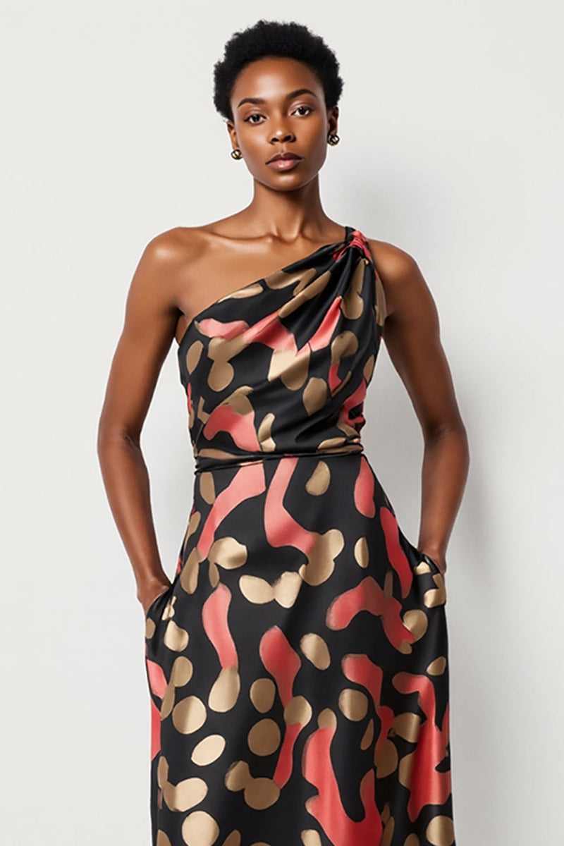 Load image into Gallery viewer, Black Printed One Shoulder A Line Maxi Work Dress with Pockets