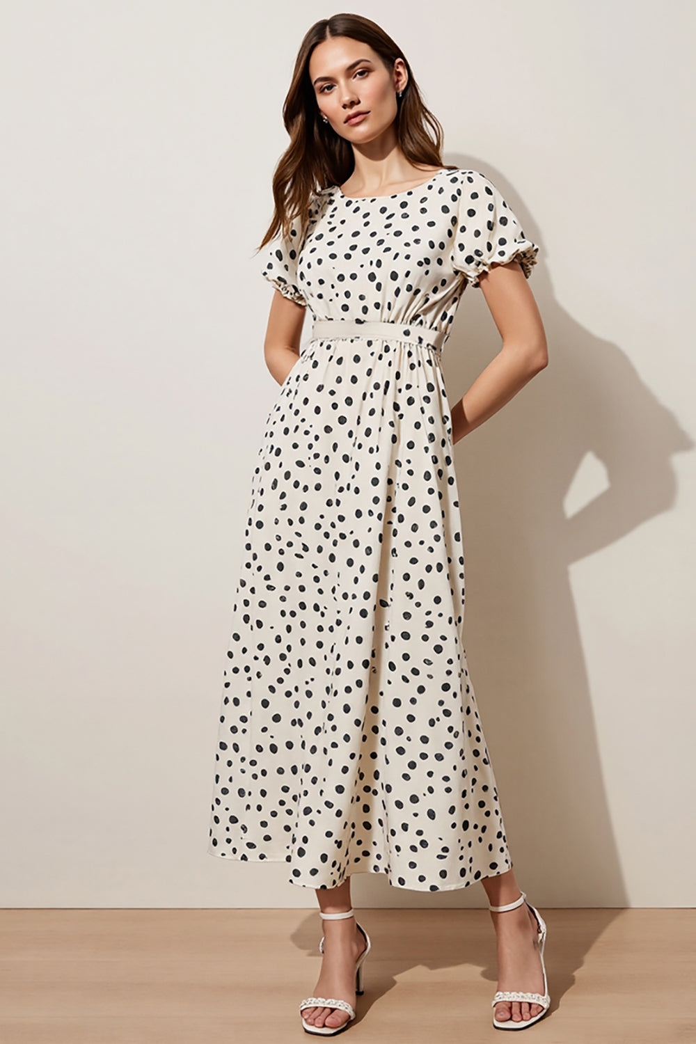 Black and White A Line Polka Dots Maxi Work Dress with Short Sleeves