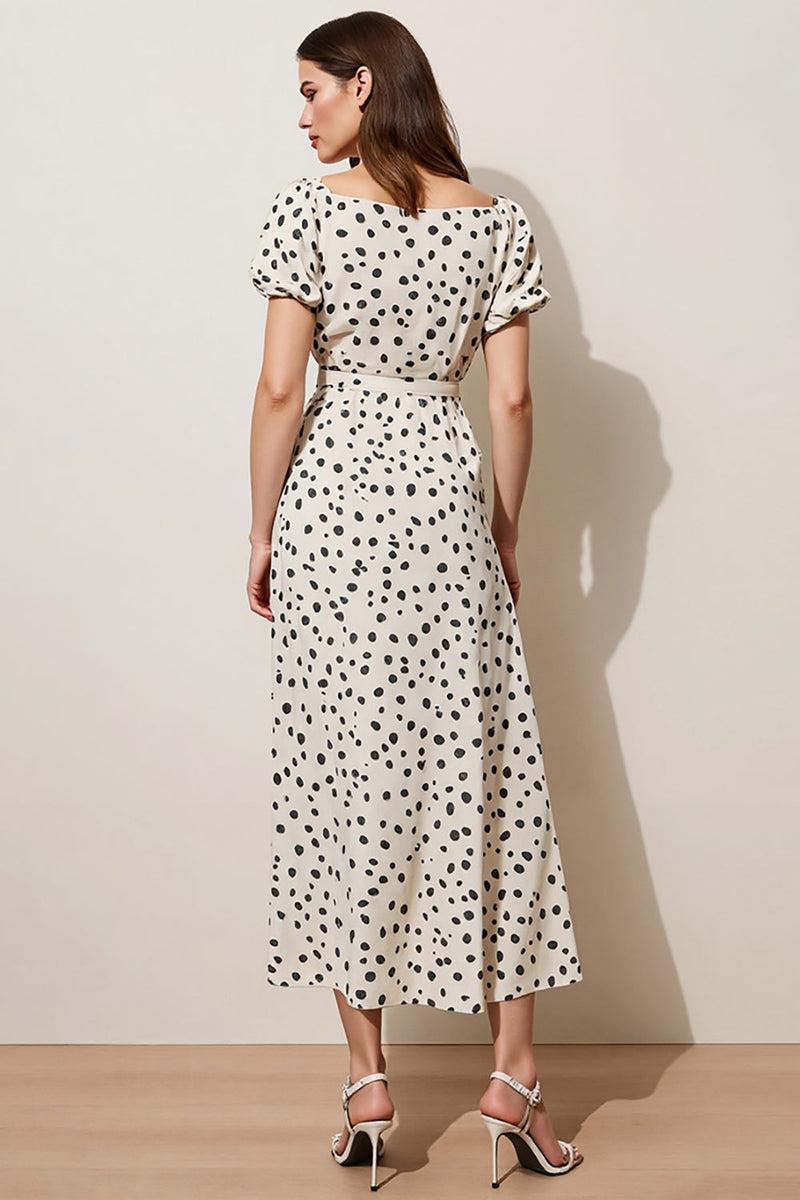 Load image into Gallery viewer, Black and White A Line Polka Dots Maxi Work Dress with Short Sleeves