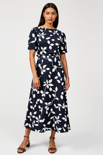 Navy A Line Boat Neck Short Sleeves Printed Maxi Work Dress