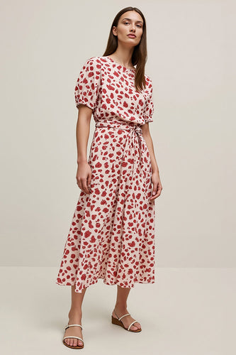 Red Leopard Printed A Line Maxi Work Dress with Short Sleeves