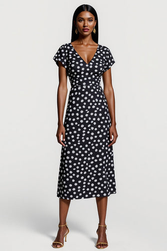 Black and White Polka Dots V-Neck A Line Maxi Work Dress