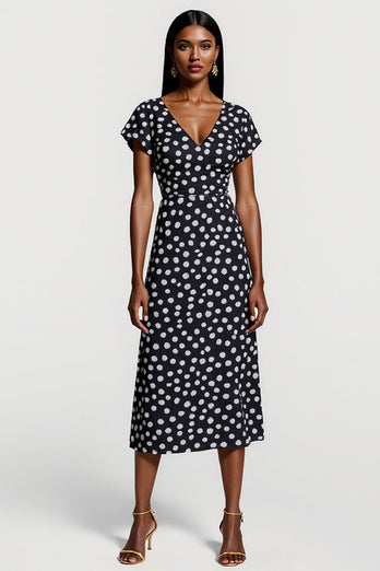 Black and White Polka Dots V-Neck A Line Maxi Work Dress