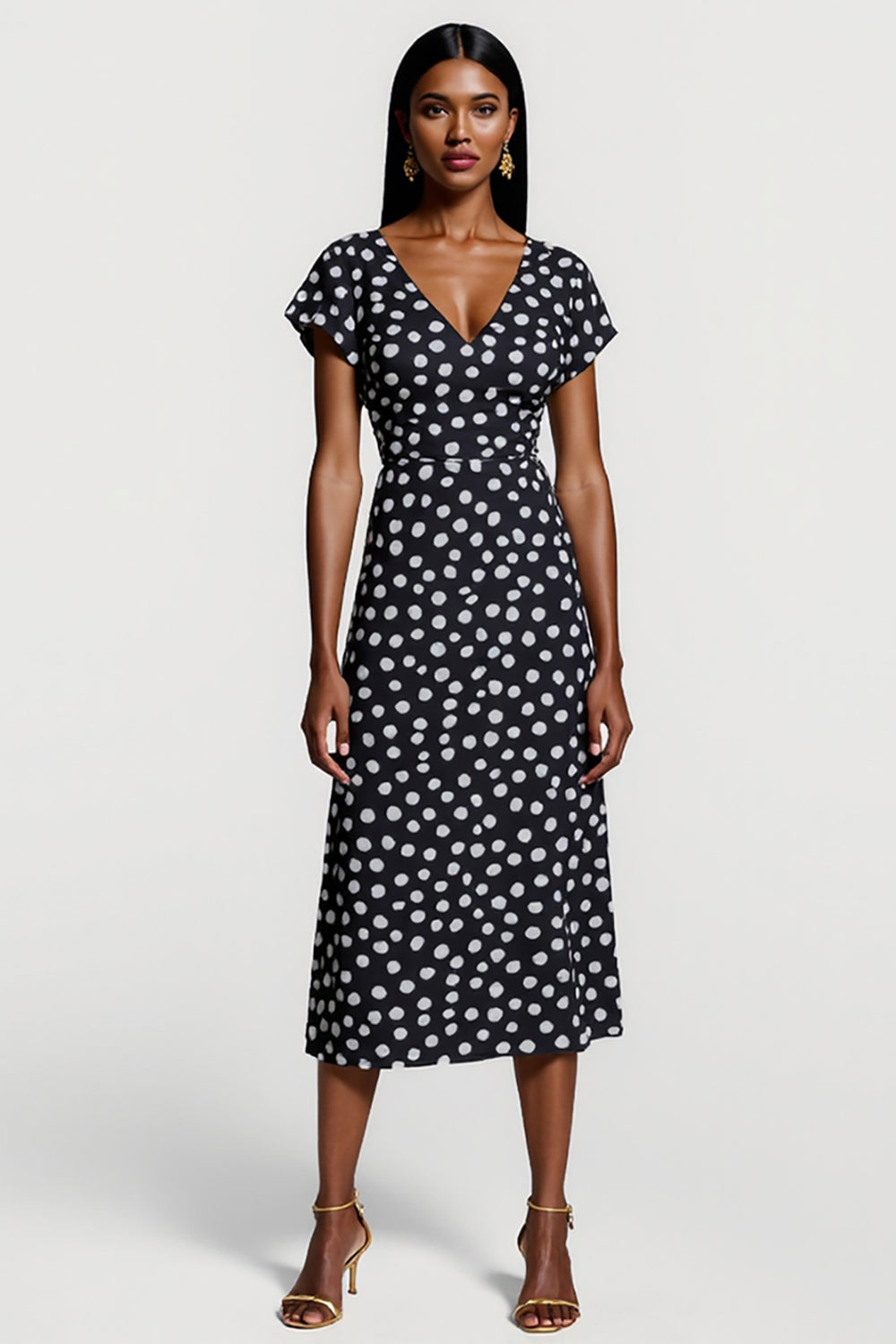 Black and White Polka Dots V-Neck A Line Maxi Work Dress