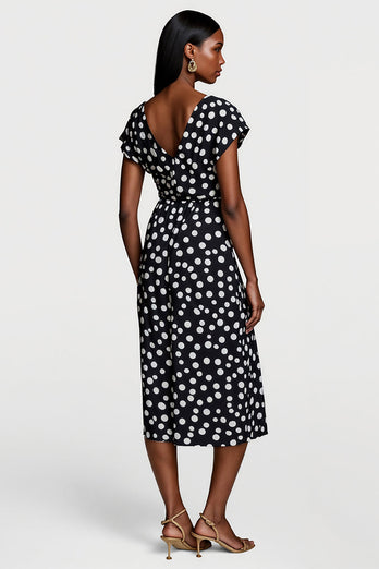 Black and White Polka Dots V-Neck A Line Maxi Work Dress