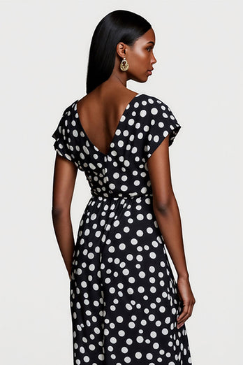 Black and White Polka Dots V-Neck A Line Maxi Work Dress