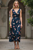 Load image into Gallery viewer, Floral Dark Blue Printed V-Neck A Line Maxi Work Dress