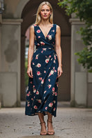 Load image into Gallery viewer, Floral Dark Blue Printed V-Neck A Line Maxi Work Dress