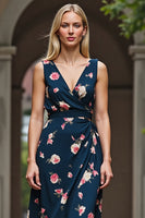 Load image into Gallery viewer, Floral Dark Blue Printed V-Neck A Line Maxi Work Dress
