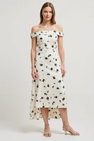 Load image into Gallery viewer, White Printed Off the Shoulder High-Low Work Dress with Slit