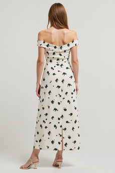 White Printed Off the Shoulder High-Low Work Dress with Slit