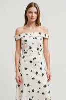 Load image into Gallery viewer, White Printed Off the Shoulder High-Low Work Dress with Slit