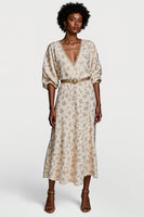 Load image into Gallery viewer, Apricot V-Neck A Line Printed Maxi Work Dress with Half Sleeves