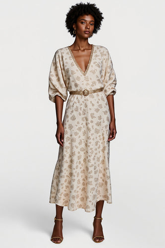 Apricot V-Neck A Line Printed Maxi Work Dress with Half Sleeves