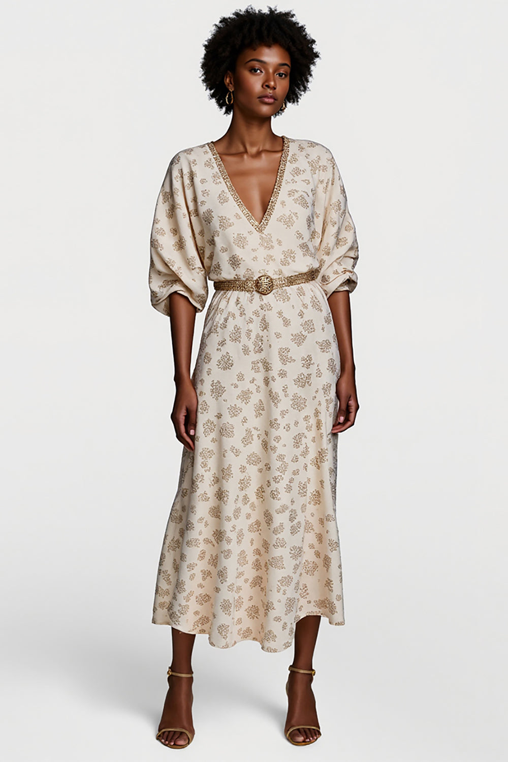 Apricot V-Neck A Line Printed Maxi Work Dress with Half Sleeves