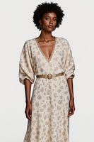 Load image into Gallery viewer, Apricot V-Neck A Line Printed Maxi Work Dress with Half Sleeves
