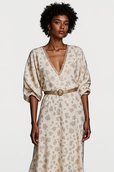 Apricot V-Neck A Line Printed Maxi Work Dress with Half Sleeves