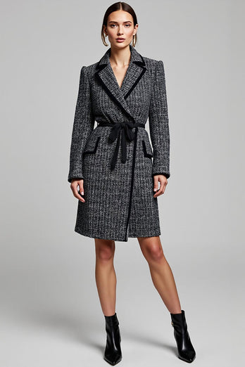 Dark Grey Notched Lapel Short Tweed Blazer Dress with Sleeves