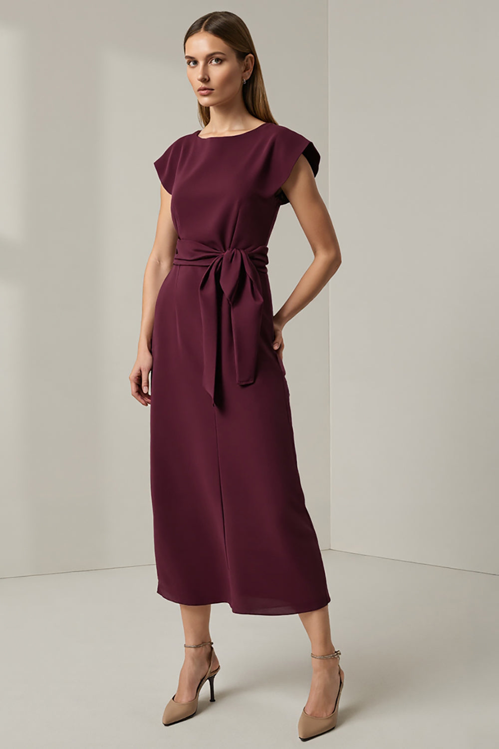 Round Neck Dark Red Pencil Long Work Dress with Sleeves