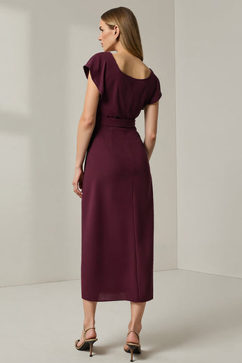 Round Neck Dark Red Pencil Long Work Dress with Sleeves