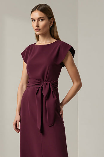 Round Neck Dark Red Pencil Long Work Dress with Sleeves