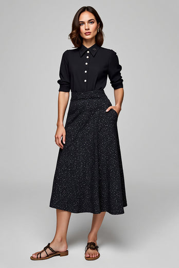 Sparkly Collar Neck Black 2 Piece Blouses and Skirt with Pockets