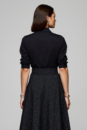 Sparkly Collar Neck Black 2 Piece Blouses and Skirt with Pockets
