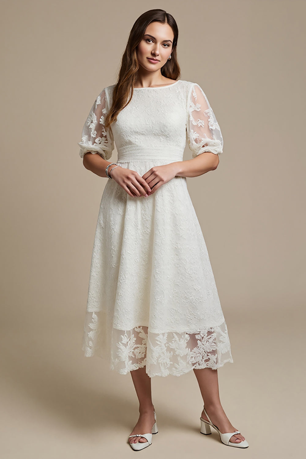 A Line Midi White Boat Neck Lace Engagement Dress with Sleeves