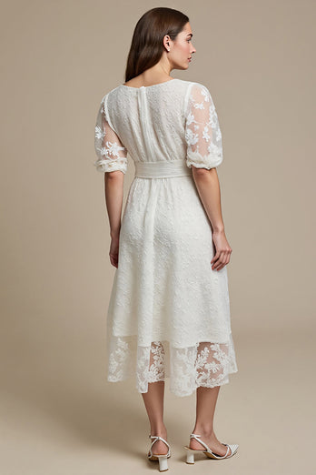 A Line Midi White Boat Neck Lace Engagement Dress with Sleeves