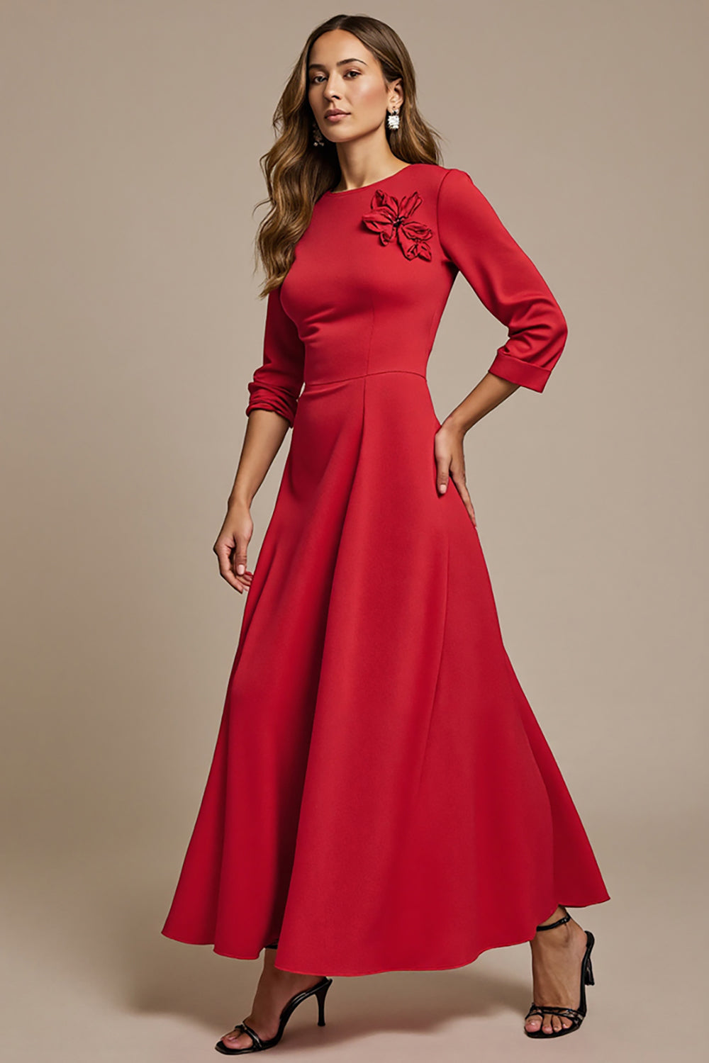A Line Red Boat Neck Long Work Dress with 3D Flowers