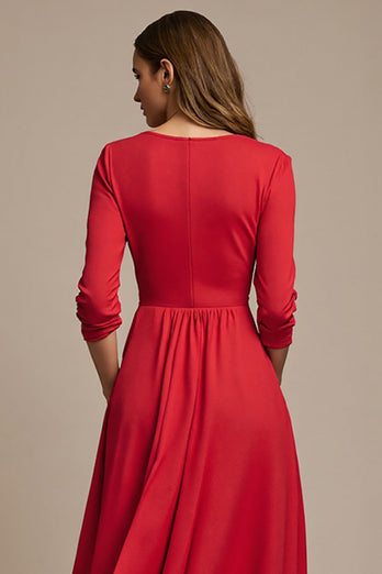 A Line Red Boat Neck Long Work Dress with 3D Flowers