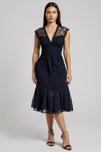 V-Neck Short Navy Chiffon Work Dress with Sash