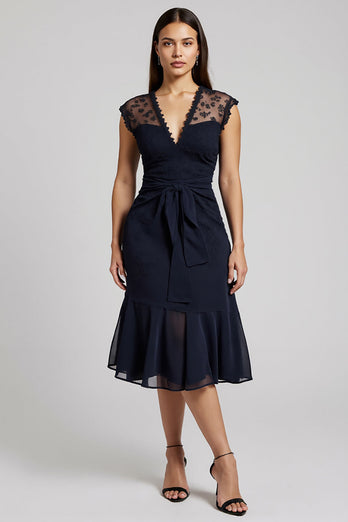 V-Neck Short Navy Chiffon Work Dress with Sash
