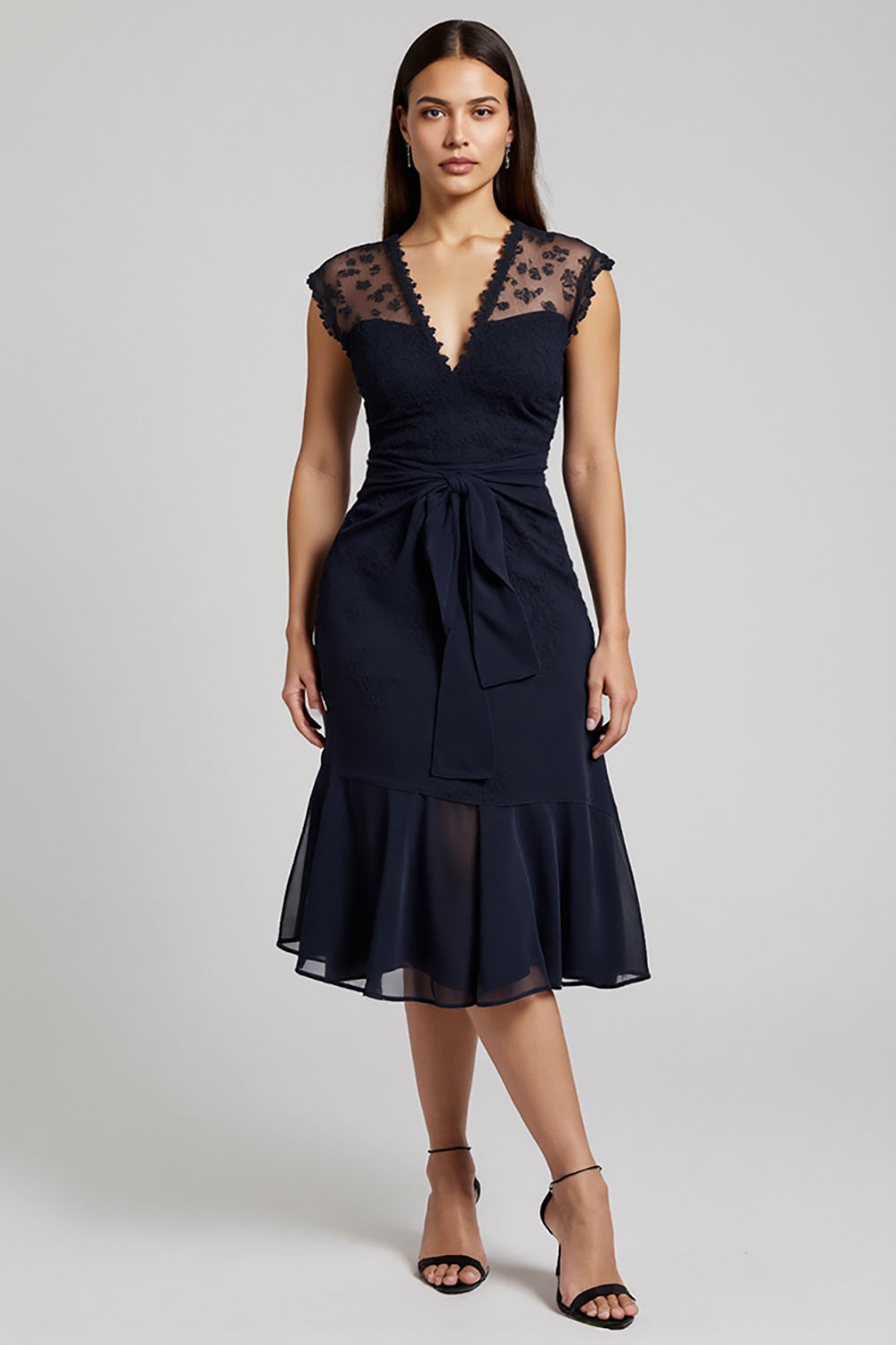 V-Neck Short Navy Chiffon Work Dress with Sash