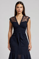 Load image into Gallery viewer, V-Neck Short Navy Chiffon Work Dress with Sash