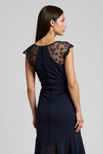 V-Neck Short Navy Chiffon Work Dress with Sash
