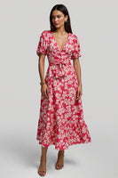 Load image into Gallery viewer, Red A Line V-Neck Long Floral Work Dress with Sleeves