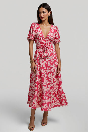 Red A Line V-Neck Long Floral Work Dress with Sleeves