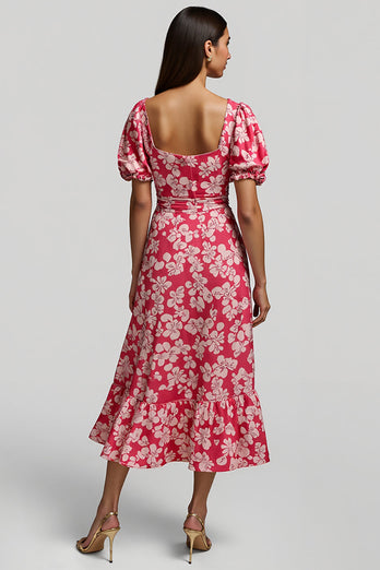 Red A Line V-Neck Long Floral Work Dress with Sleeves