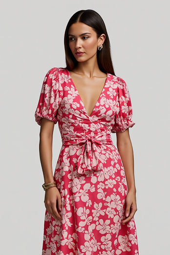 Red A Line V-Neck Long Floral Work Dress with Sleeves