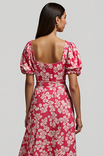 Red A Line V-Neck Long Floral Work Dress with Sleeves