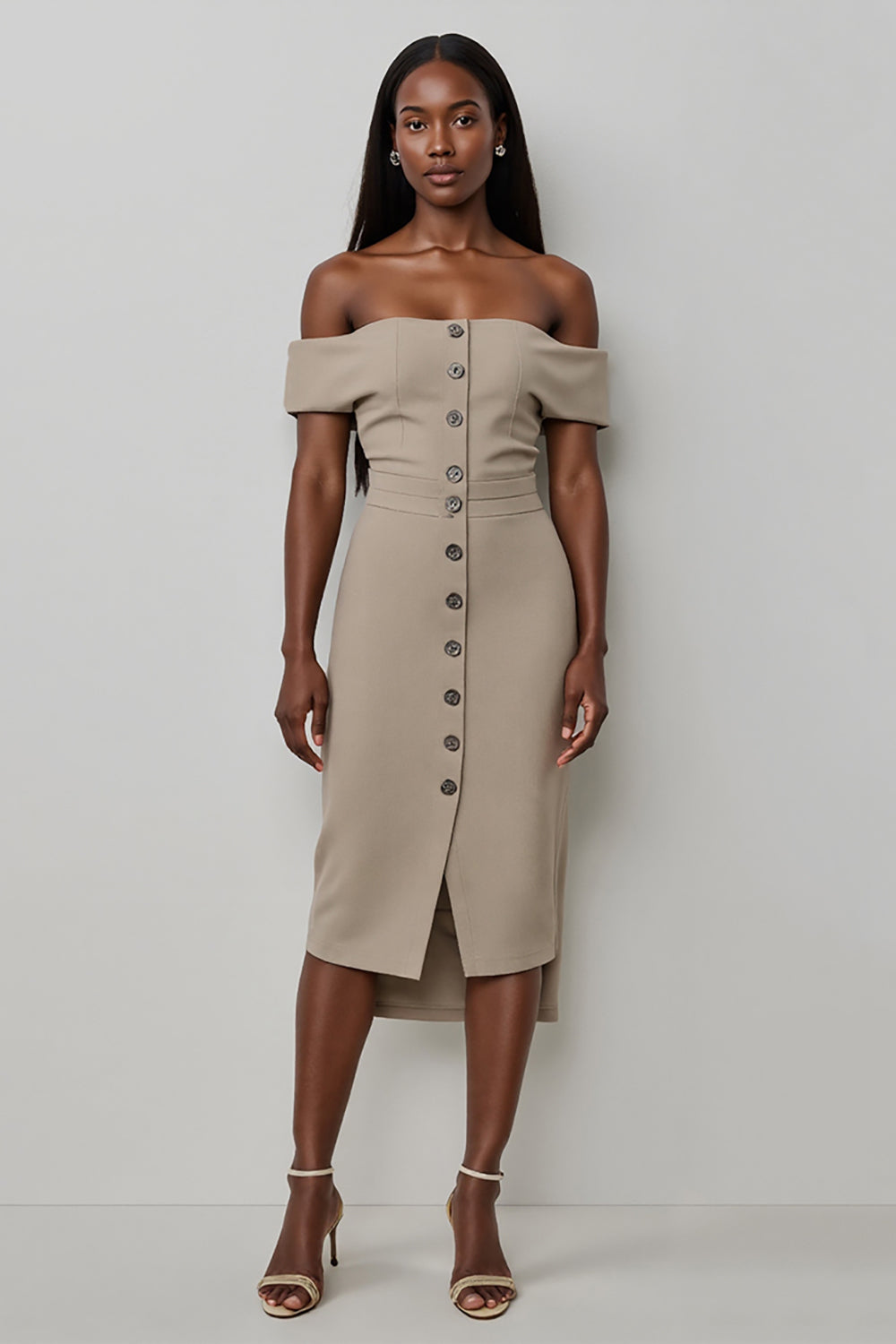Off the Shoulder Khaki Satin Bodycon Midi Work Dress with Buttons
