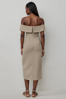 Load image into Gallery viewer, Off the Shoulder Khaki Satin Bodycon Midi Work Dress with Buttons