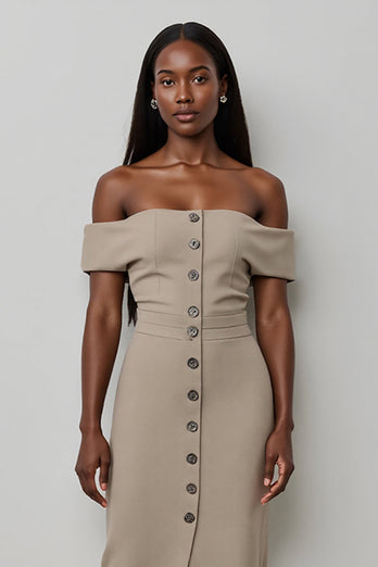 Off the Shoulder Khaki Satin Bodycon Midi Work Dress with Buttons