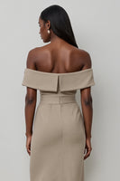 Load image into Gallery viewer, Off the Shoulder Khaki Satin Bodycon Midi Work Dress with Buttons