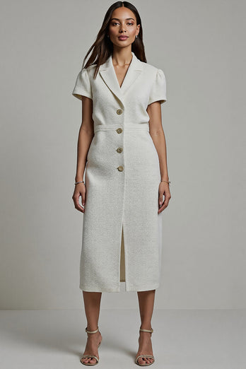 Notched Lapel White Bodycon Midi Blazer Dress with Sleeves