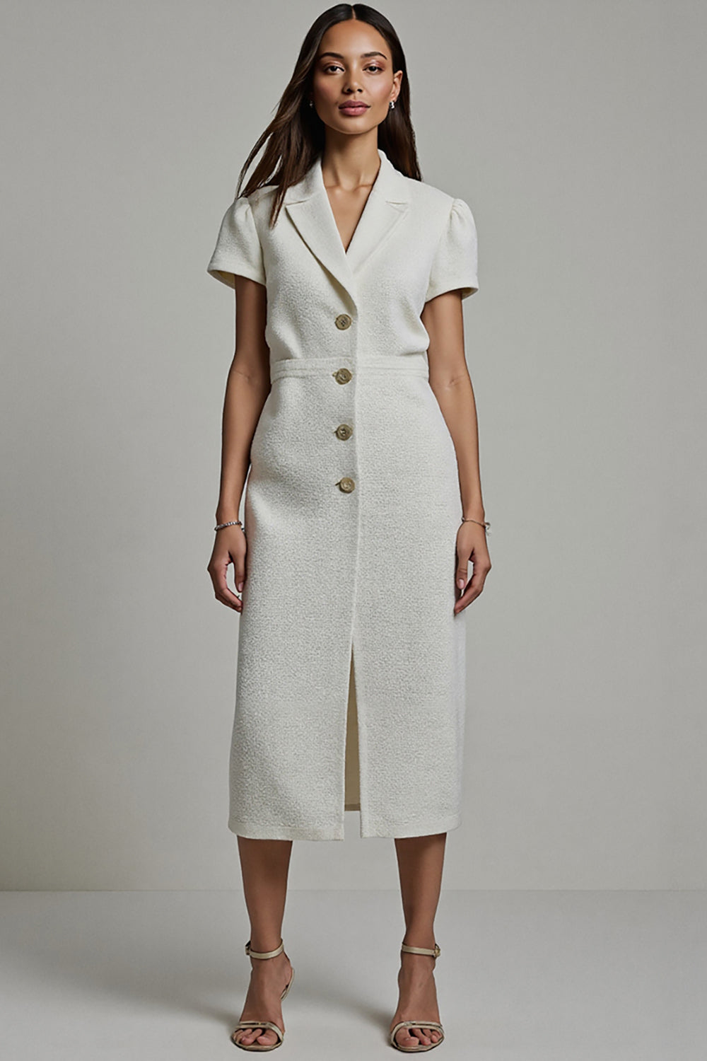 Notched Lapel White Bodycon Midi Blazer Dress with Sleeves