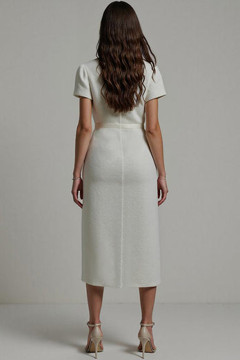 Notched Lapel White Bodycon Midi Blazer Dress with Sleeves